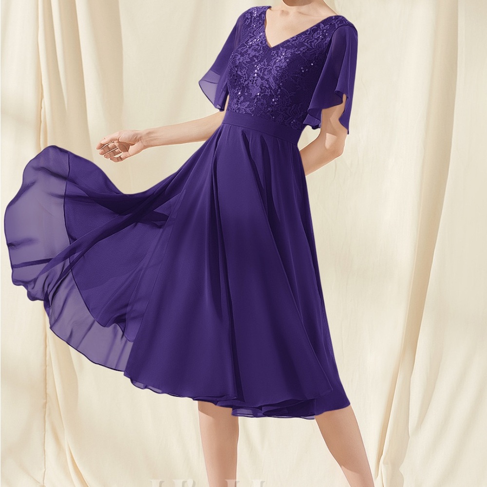 JJs House Purple Flutter Sleeve Midi Dress